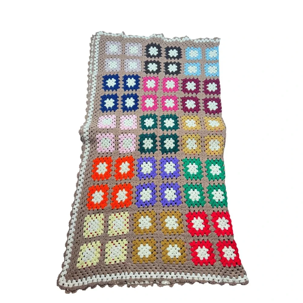 Vintage Granny Square Afghan Blanket Tan Multi Yarn Crochet Motifs Bordered